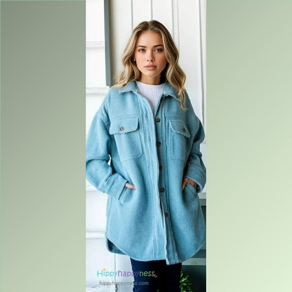New Oli & Hali Shacket Shirt Jacket Oversized Plush Dusty Blue NWT - Picture 7 of 10